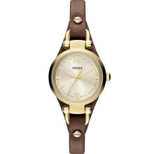 Fossil Womens Georgia Mini Analog Stainless Watch - Brown Leather Strap - Gold Dial - ES3264