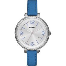 Fossil Womens Heather Analog Stainless Watch - Blue Leather Strap - Silver Dial - ES3279