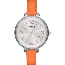 Fossil Womens Heather Analog Stainless Watch - Orange Leather Strap - Silver Dial - ES3280