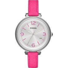 Fossil Womens Heather Analog Stainless Watch - Pink Leather Strap - Silver Dial - ES3277