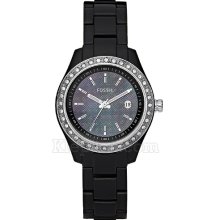 Fossil Womens Stella Mini Glitz Plastic Watch - Black Bracelet - Pearl Dial - ES2436