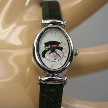 Frosty Snowman Green Plaid Band Watch Quartz Silver Tone