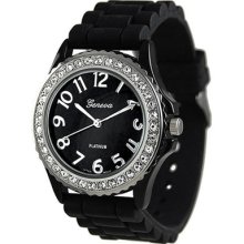 Geneva Platinum Womens Rhinestone Accented Silicone Watch w/Black Band Black 9