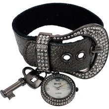 Geneva Platinum Women's Rhinestone Lock and Key Charm Belt Buckle