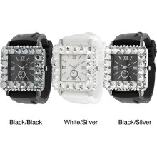 Geneva Platinum Women's Rhinestone-accented Silicone Watch (Black/Black)
