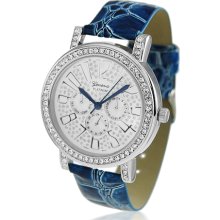Geneva Platinum Womens Stainless Steel Back CZ Diamond Dial Blue Leather Style Bling Watch