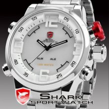 Genuine Shark Big Case Led Digital Date Day Men Quartz White Dail Sport Watch
