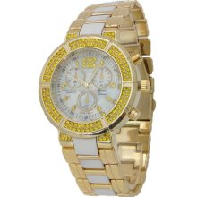 Gold & White Mother of Pearl Watch Chronograph Look & Yellow Lab Diamond Stone