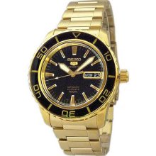 Gold Tone Stainless Steel Seiko 5 Sports Automatic Black Dial Bezel