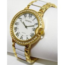 Gold White Acrylic Roman Dial Geneva Clear Crystal Fashion Bracelet Watch