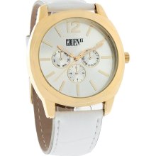 Gruen II Mens Gold Tone Multi-Function Design White Leather Quartz Watch GRT566