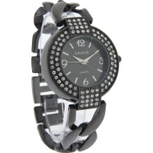 Gruen II Quartz Ladies 34MM Crystal Black Dial Cuban Link Bracelet Watch GRT718