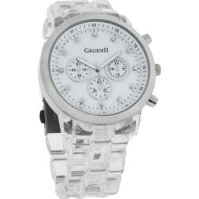 Gruen II Quartz Mens XL 42mm MOP Crystal Dial Clear Resin Bracelet Watch GRT600L
