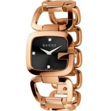 Gucci Ladies Rose Gold Tone Stainless Steel G-Gucci Black Dial Diamond Hour Markers YA125409