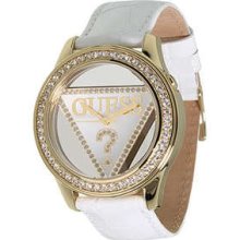 Guess Gold Logo Triangle White Strap Lady Watch