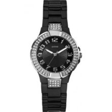 Guess Watch Lady U95198l2 Black Acrylic With Silver And Crystals