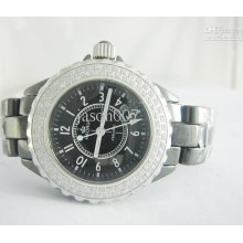 Haorui Diamond Bezel Diamond Dial Black Ceramic Quartz Watch Fully R