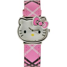 Hello Kitty by Sanrio Ladies Silver Pink Plaid Leather Band Quartz Watch HK1724
