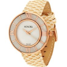 Honora Mother-of-Pearl Round Case Leather Strap Bronze Watch - White - One Size
