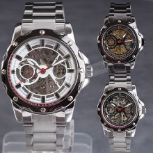 Hot Steampunk Titanium Skeleton Men Auto Mechanical Wrist Watch Stainless