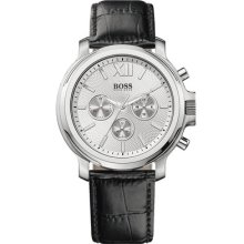 Hugo Boss 1502213 Silver Dial Chronograph Black Leather Strap Men's Watch