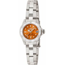 Invicta Ladies Pro Diver Stainless Steel Case and Bracelet Orange Dial Magnified Date 11436