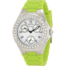 Invicta Womens Crystal Bezel Angel Polished Steel 3 Eye Day Date Rubber Watch