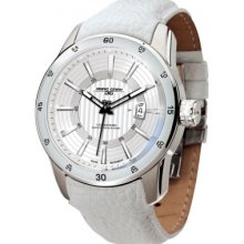 Jorg Gray Mens 3700 Series Analog Stainless Watch - White Leather Strap - White Dial - JG3700-13