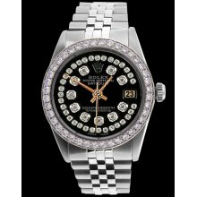 Jubilee SS bracelet rolex date just men watch black string diamond dial bezel