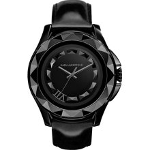 KARL LAGERFELD '7' Beveled Bezel Leather Watch, 43mm Black
