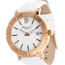 Kenneth Cole Womens Crystal Analog Stainless Watch - White Leather Strap - White Dial - KC2743