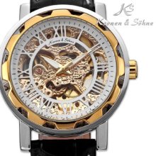 Ks Skeleton Mechanical Stainless Steel Case White Dial Black Leather Sport Watch