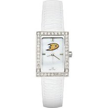 Ladies Anaheim Ducks Watch with White Leather Strap and CZ Accents