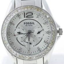 Ladies Fossil Stella es2860 Crystal Bezel Silver Dial Stainless Steel Watch