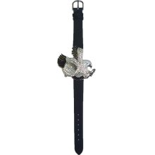 Ladies / Mens Enamel Eagle Silver Watch w/ Black Leather & Fabric Band - Black - Sterling Silver - 3