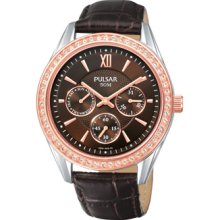 Ladies Pulsar Two Tone Stainless Steel Crystal Brown Dial Chronograph Watch