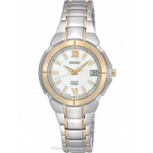 Ladies Seiko Solar Quartz Sut020 Stainless Steel White Dial Date Watch