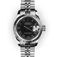 Ladies Stainless Steel Black Roman Dial Fluted Bezel Rolex Datejust