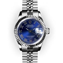 Ladies Stainless Steel Blue Roman Dial Fluted Bezel Rolex Datejust