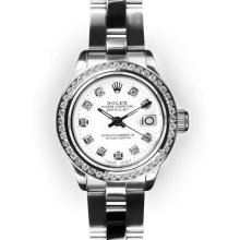 Ladies Stainless Steel Oyster White Dial Channel Set Rolex Datejust