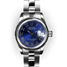 Ladies Stainless Steel Oyster Blue Dial Smooth Bezel Rolex Datejust