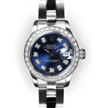 Ladies Stainless Steel Oyster Blue Dial Beadset Bezel Rolex Datejust