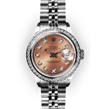 Ladies Stainless Steel Pink Dial Channel Set Bezel Rolex Datejust