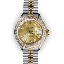 Ladies TwoTone Champagne Dial Yellow Gold Beadset Bezel Rolex Datejust