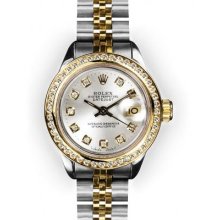 Ladies TwoTone Silver Dial Yellow Gold Channel Set Rolex Datejust