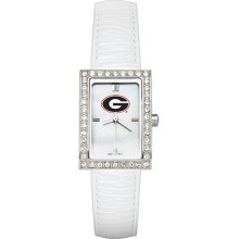 Ladies University Of Georgia Watch with White Leather Strap and CZ Accents