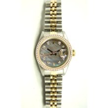 Ladys Stainless Steel & Gold Datejust Model 6917 Jubilee Band Fluted Bezel Custom Added Tehetian Mother Of Pearl Diamond Dial And Diamond Bezel