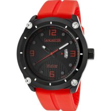 Lancaster Men's Trendy Black Textured Dial Black Ip Case Red Silicone