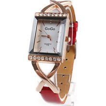 Leather Red PU Band Women's Quartz Wrist Watch with Crystal Decoration