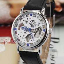Luxury Blue Crystal Silver Tone Skeleton Mens Wind Up Mechanical Wrist Watch